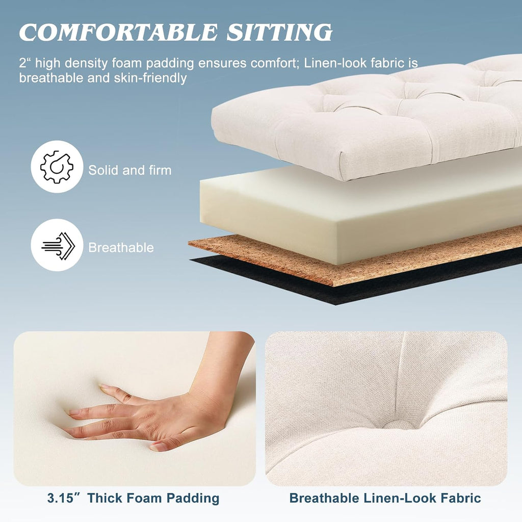 51" storage bench for bedroom, tufted storage ottoman, side view