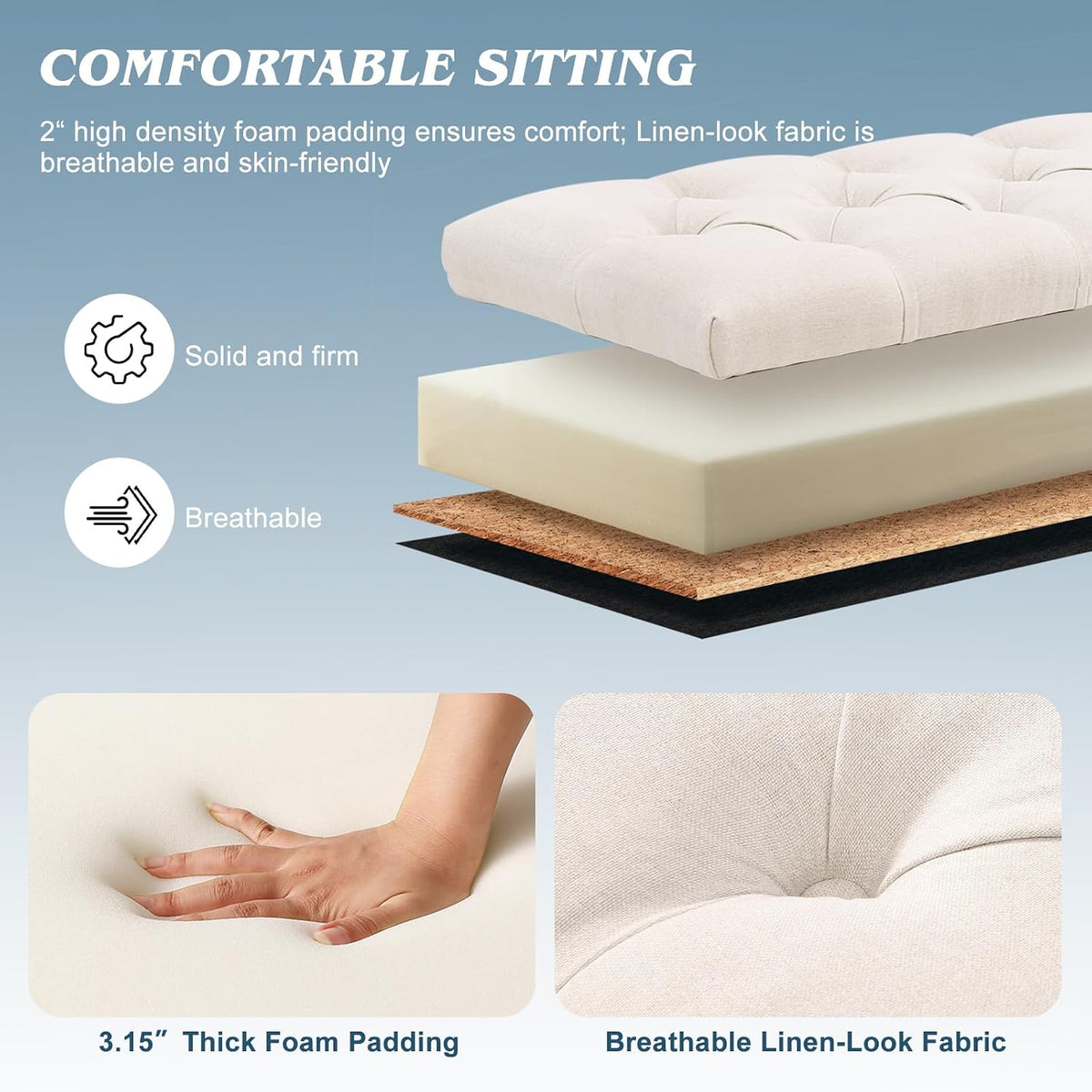 51" storage bench for bedroom, tufted storage ottoman, side view