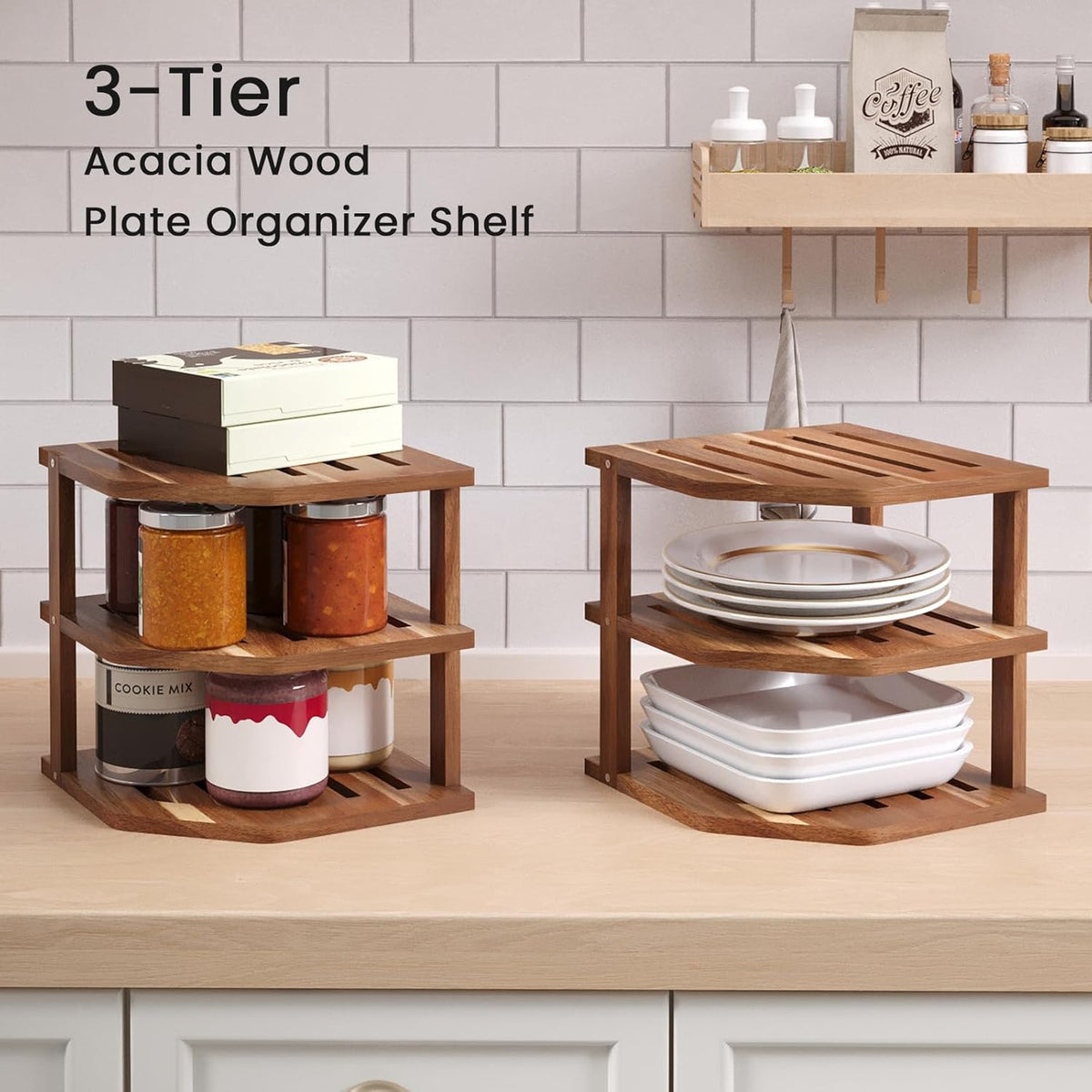 vertorgan 3 tier acacia corner shelf 2 pack,dish, side view