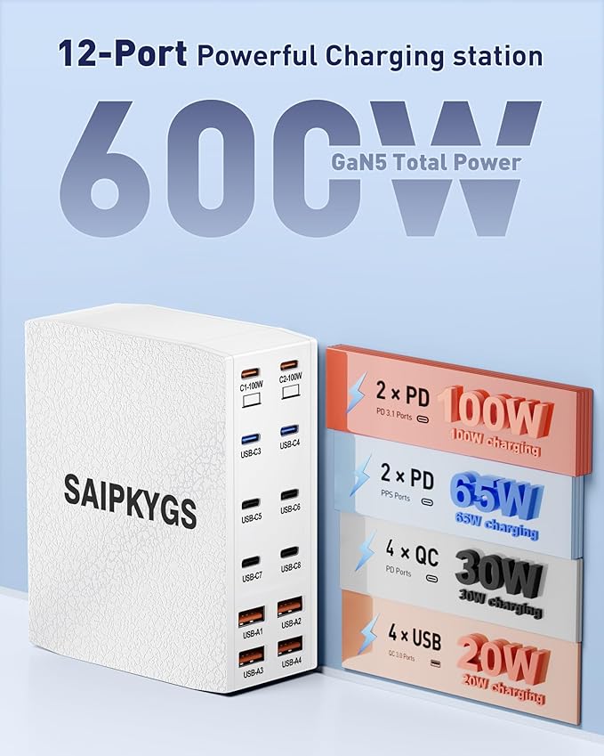 USB Charging Station, 12-Port USB C Charger Block