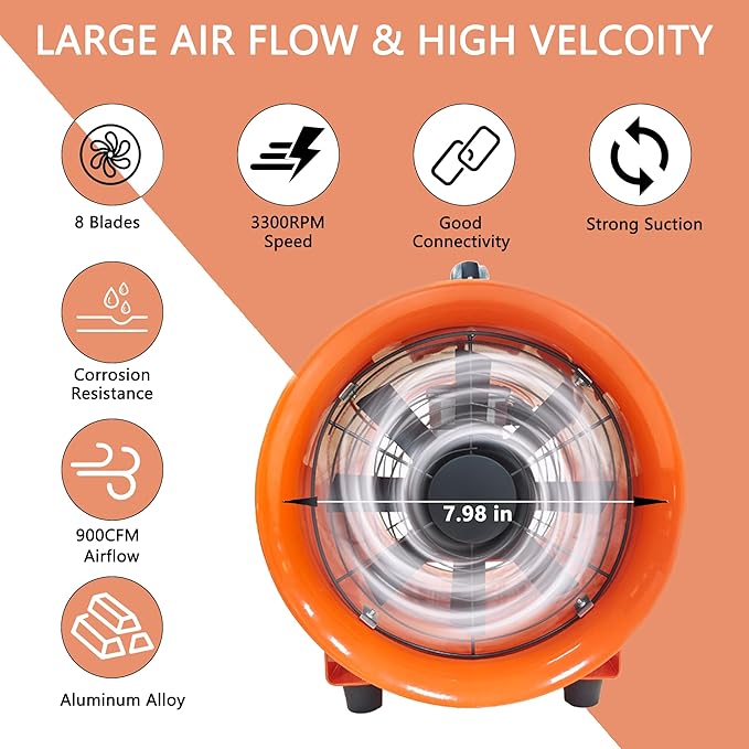 FICBXRA Utility Blower Fan 8 Inch Portable Axial Exhaust Fan 230W/2A 900CFM