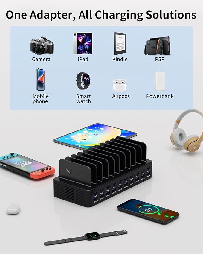 270W Charging Station for Multiple Devices, 20-Port USB Fast Charging Station