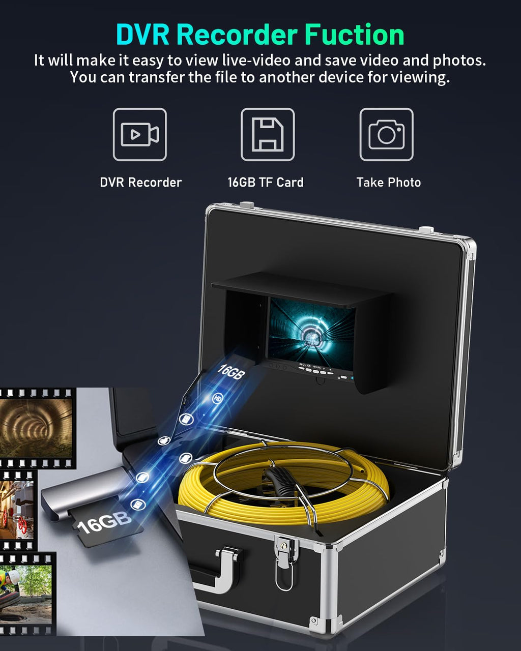 anysun sewer inspection camera - 100ft with 7", close-up detail