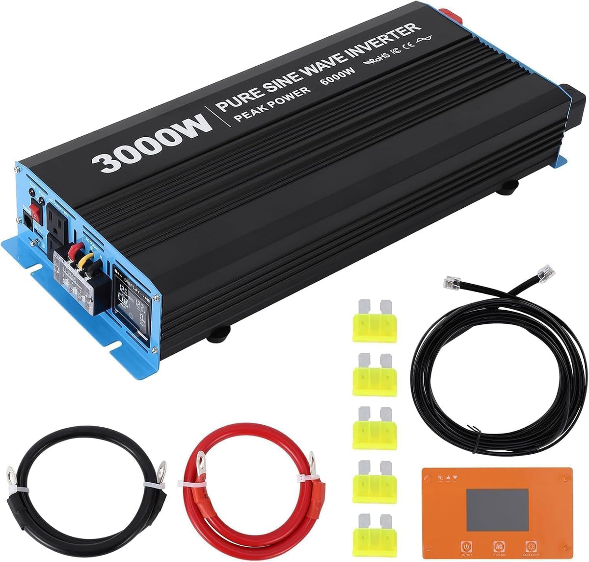 3000W Pure Sine Wave Inverter 1 USB Port 5v/2.4a, LCD Display&Remote Controller