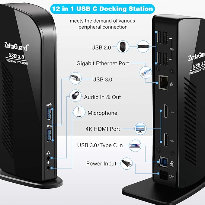 ZettaGuard USB 3.0 and USB-C Universal Laptop Docking Station