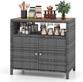 Rattan Storage Cabinet, Outdoor & Indoor Sideboards with Acacia Wood Countertop & Open Compartment, Wicker Patio Buffet Storage Bar Table for Garden Kitchen Poolside Backyard (Grey)