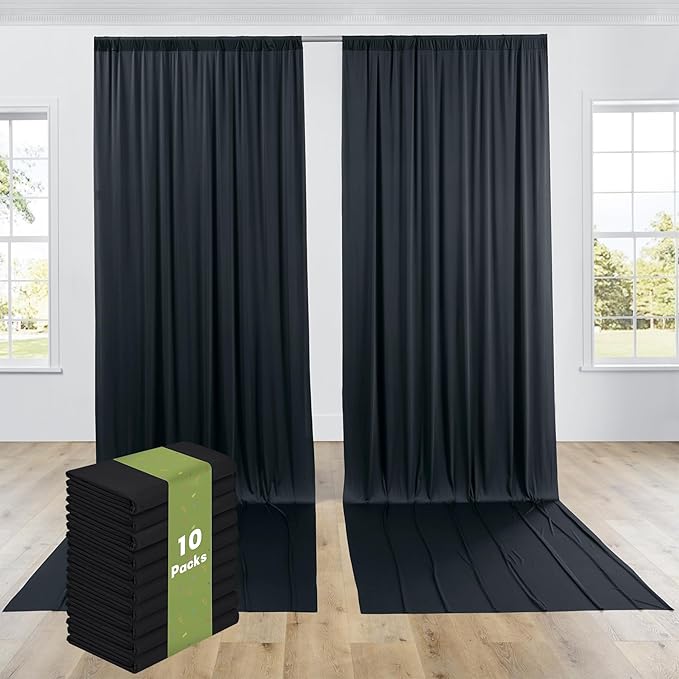 PartyVillage 50ft×15ft Black Backdrop Curtain for Halloween Parties, 10 Panels Wrinkle Free 15 FT Long Polyester Photo Backdrop Drapes Back Drop Cloth for Birthday Photography Background