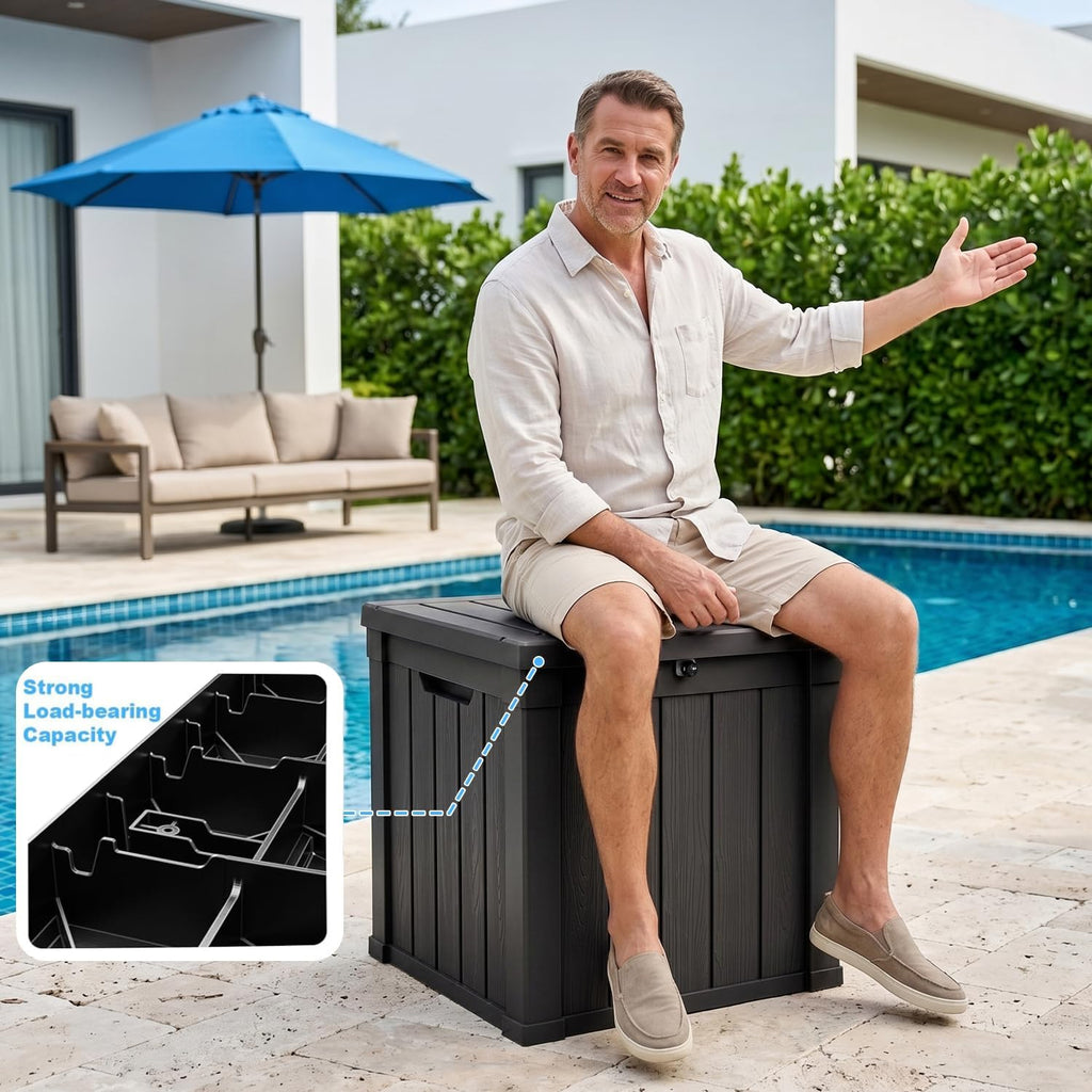patiozen 70 gallon deck box, outdoor storage box on a desk or shelf