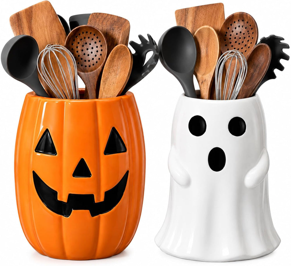2 Pcs Halloween Ghost Pumpkin Utensil Holder Halloween Kitchen Decoration