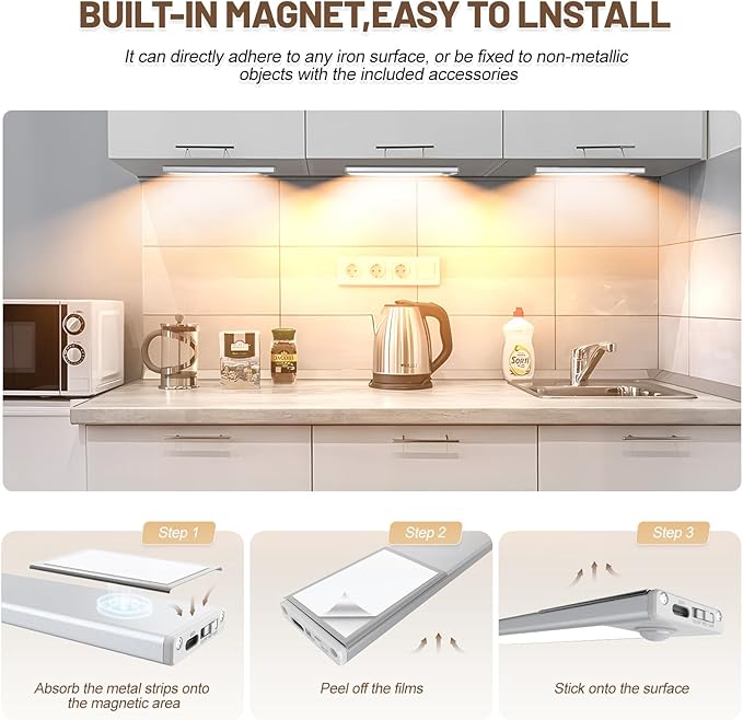 6 Pack Under Cabinet Lighting Wireless, 40 LED Rechargeable Battery Motion