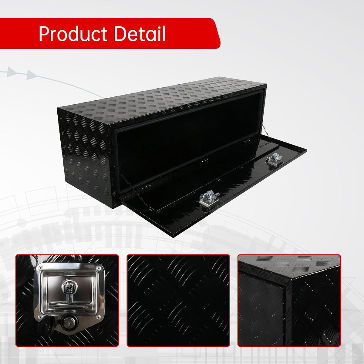 60'' inch aluminum underbody truck box with t-handle, close-up detail