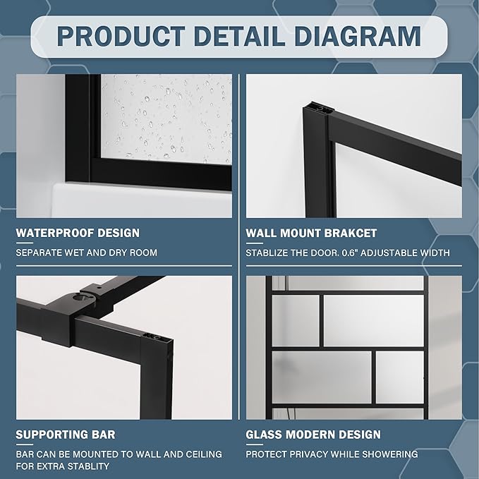 Goodyo 34” X 72” Shower Door Tempered Glass Framed Shower Screen Panel (3-Pieces)