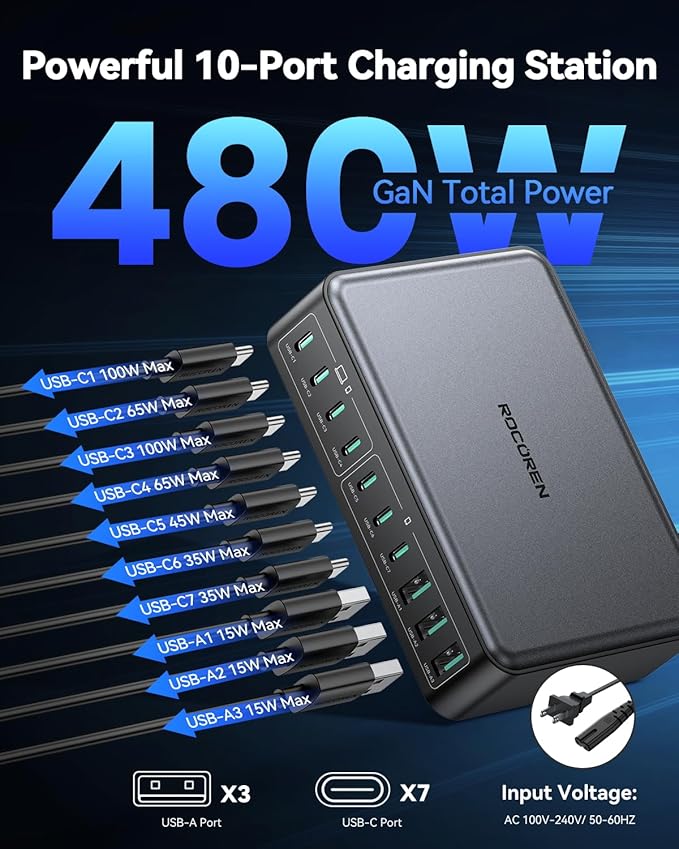 480W USB C Charger Block, Rocoren 10-Ports USB C Charging Station