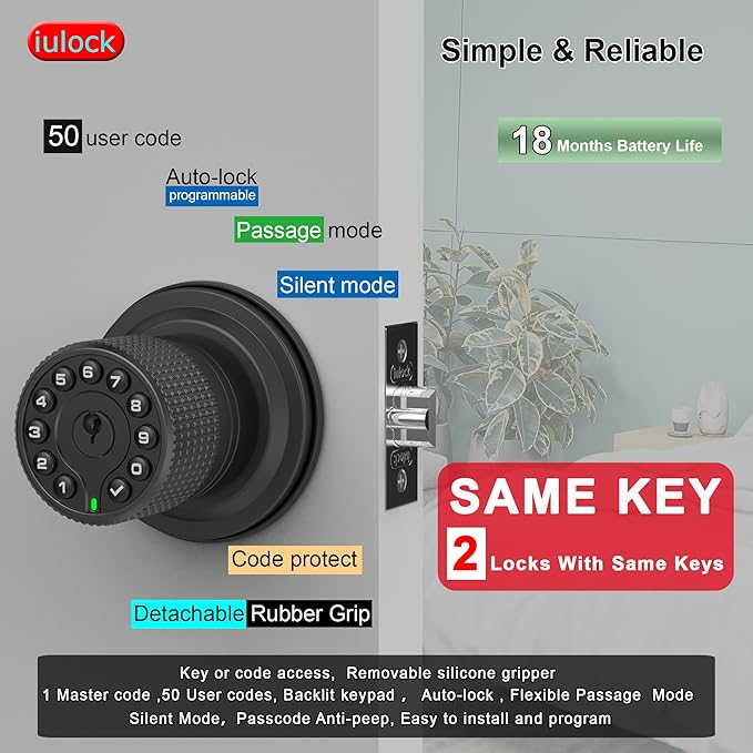 iulock Smart Door Knob with Keypad and Key, Keyless Entry Door Lock with Rubber (2 Pack)