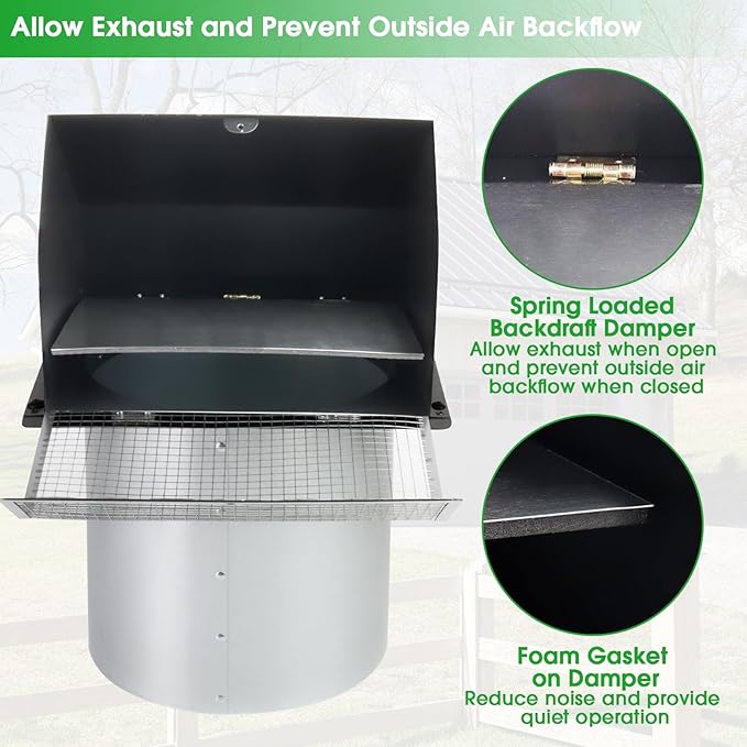 7Inch Wall Vent with Screen and Damper, Galvanized Steel Hooded Wall Vent Cover