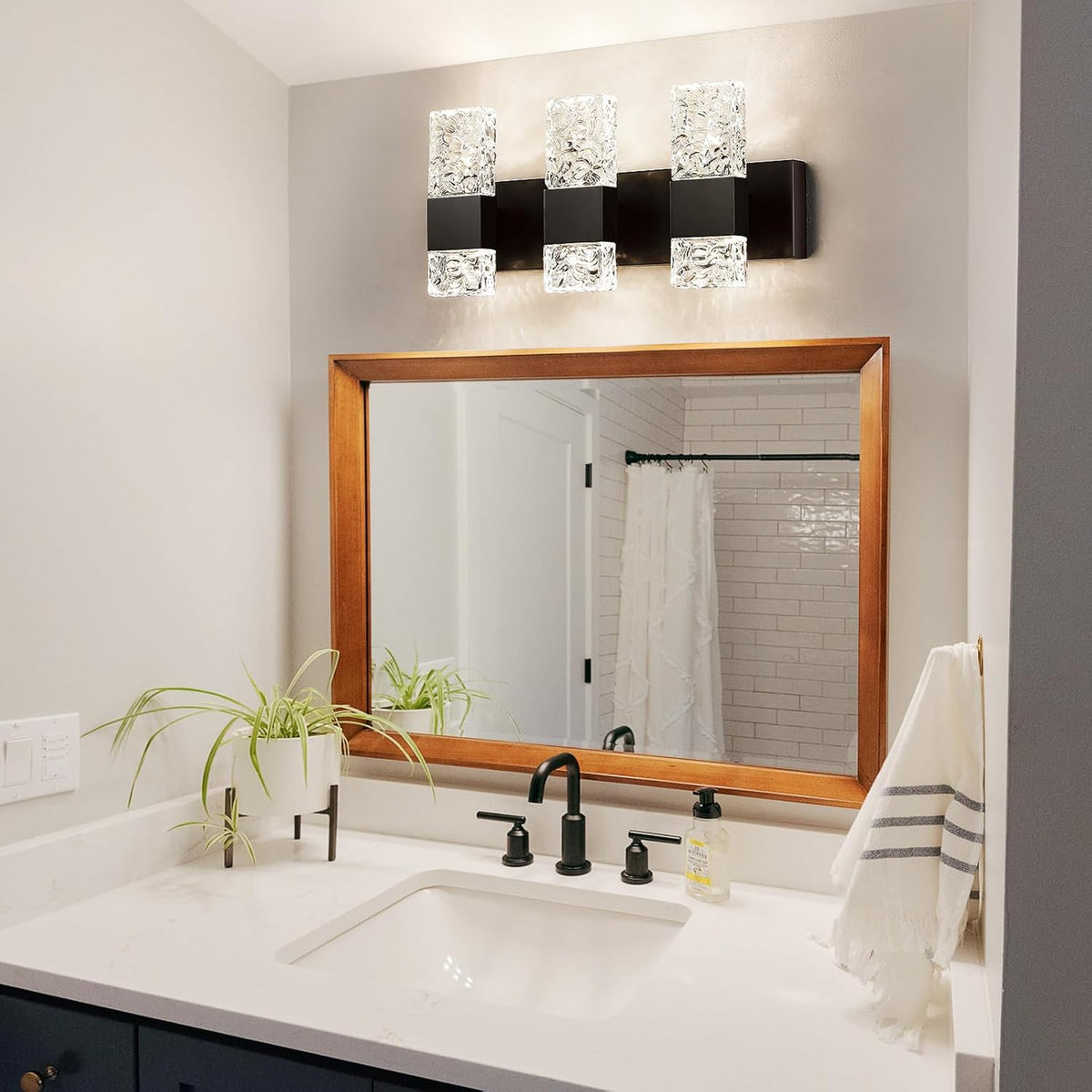 Epinl 3-Light Modern Bathroom Light Fixtures, 30W Black LED Vanity Lights Over Mirror with Water Ripple Glass Shade, Crystal Wall Sconces 4000K Dimmable Vanity Lighting for Bathroom