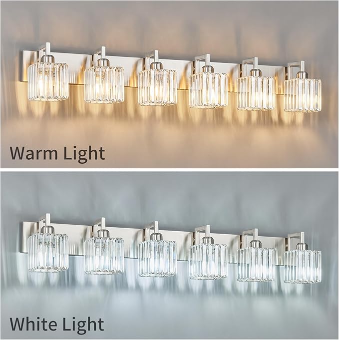 FDPBY Modern Bathroom Vanity Light 6-Lights Brushed Nickel Vanity Light Crystal