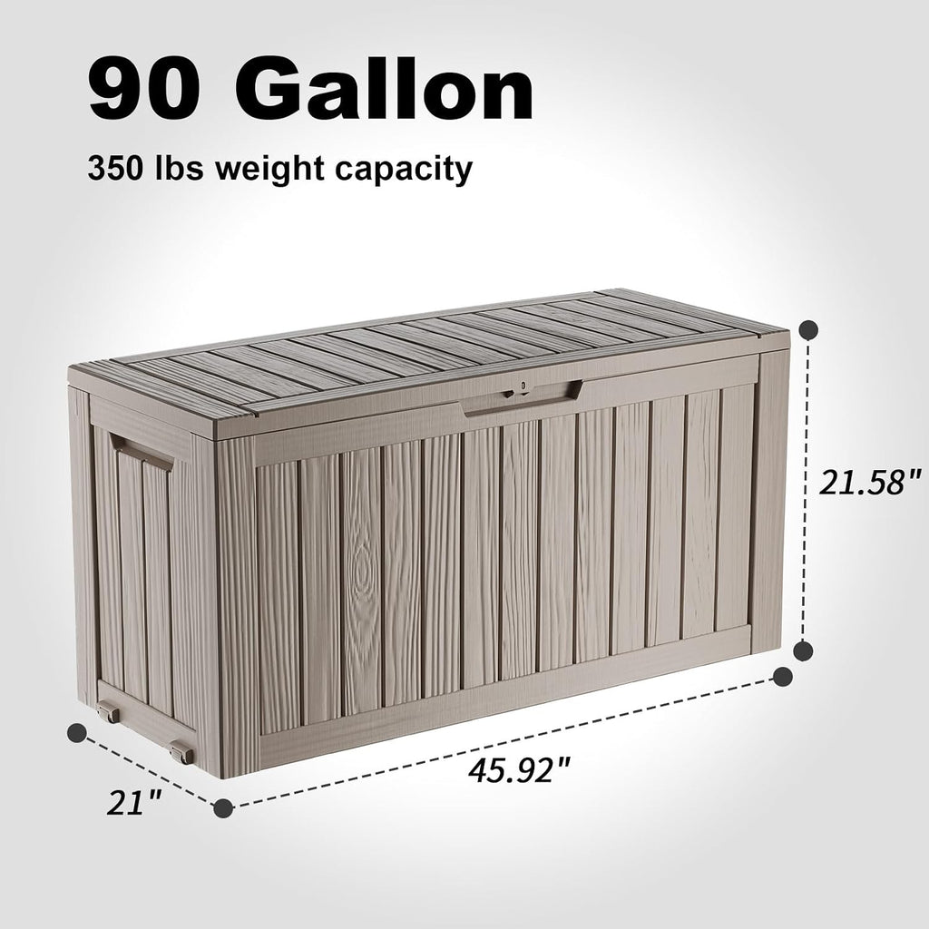 rojik 90 gallon deck box outdoor, waterproof outdoor on a desk or shelf