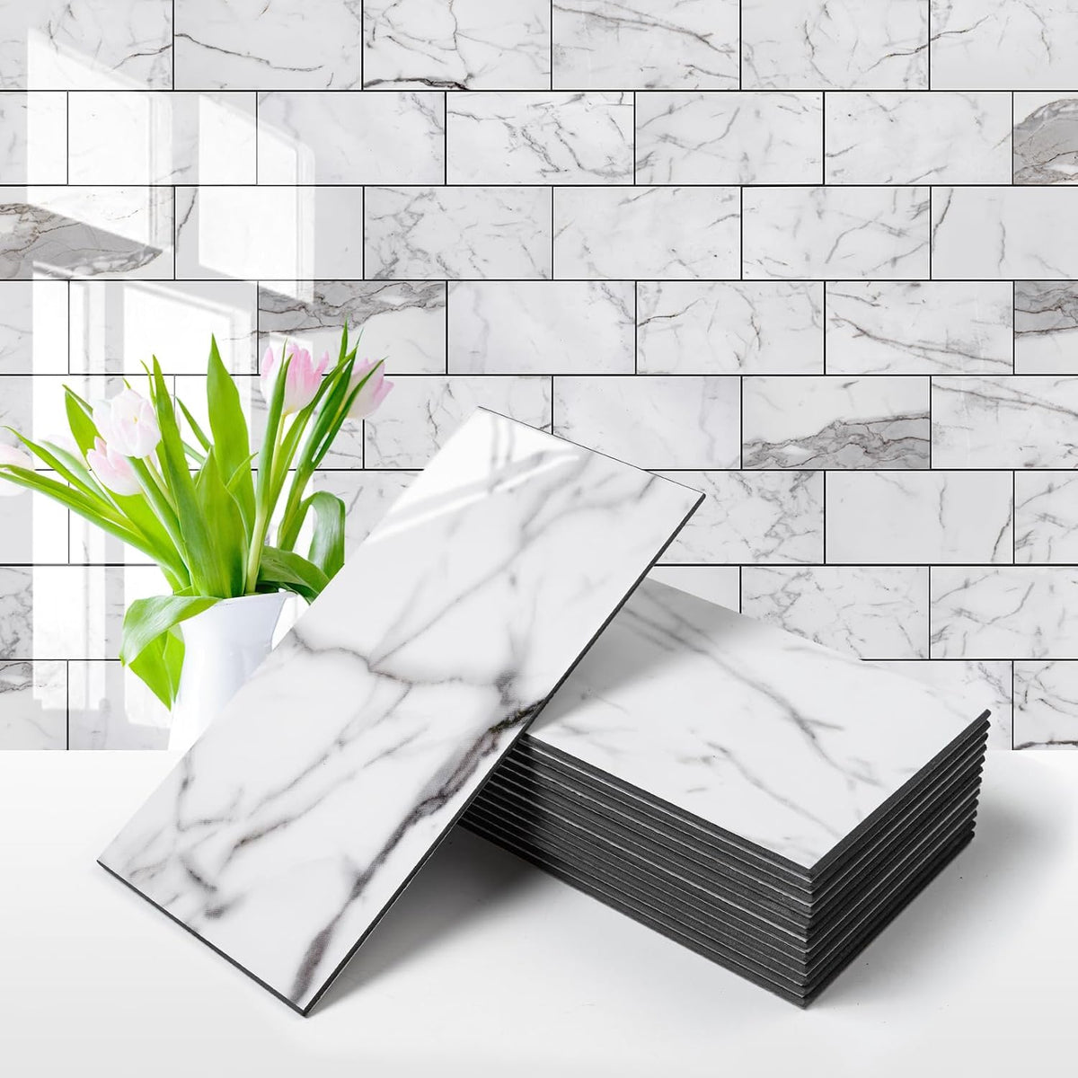 Vamos Tile 100-Piece Glossy Statury White Peel and Stick Backsplash Tile