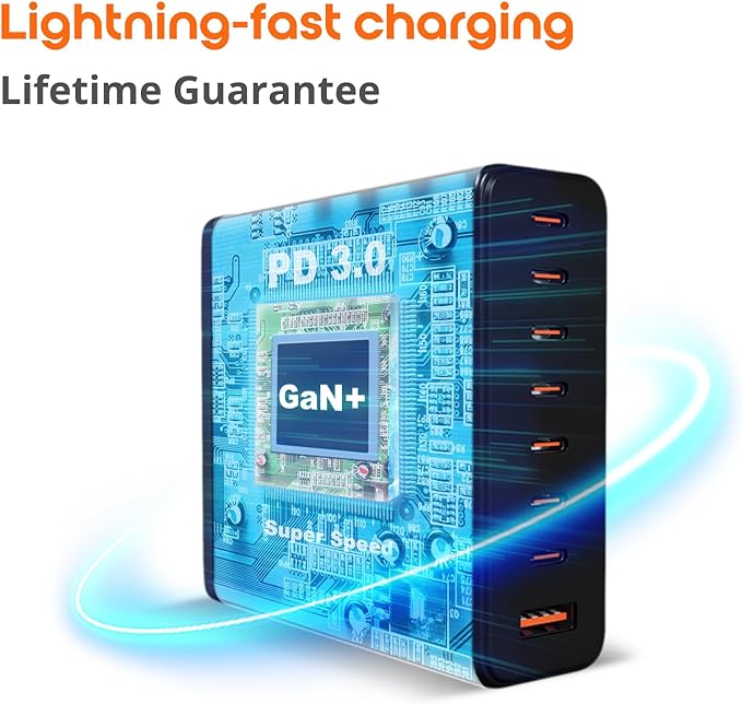 Upgraded 240W 8 Ports GaN Charger, USB Charging Hub, USB-C Charging Hub