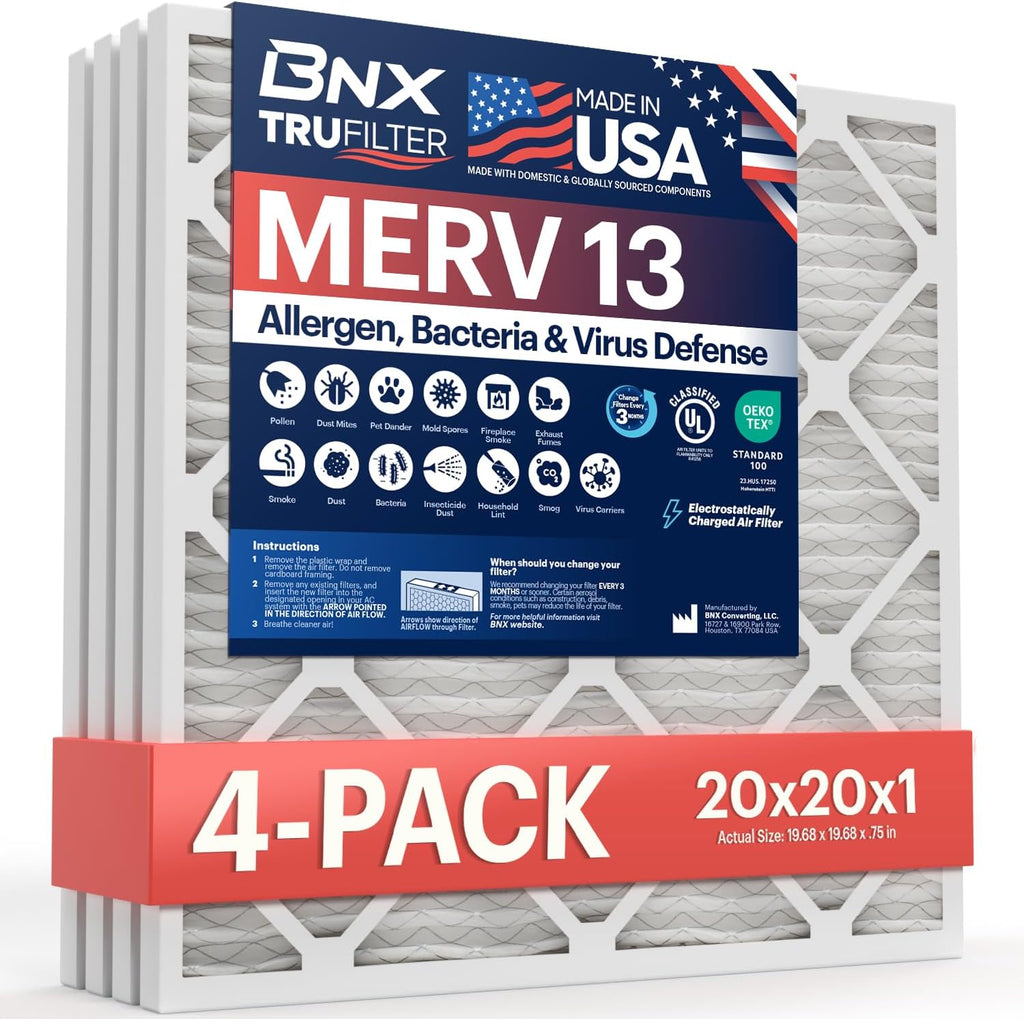 BNX TruFilter 20x20x1 MERV 13 AC Furnace Air Filter (4 Pack)