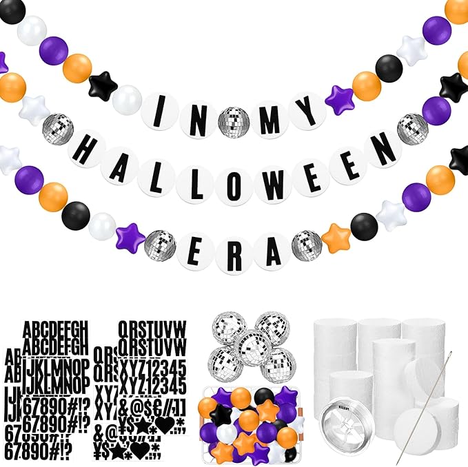 Giant Friendship Bracelet Garland Kit, DIY Birthday Banner with Letters Ball Jumbo Customizable Friendship Bracelet Decor for Halloween Christmas Wedding Party(Black, Orange, Purple)