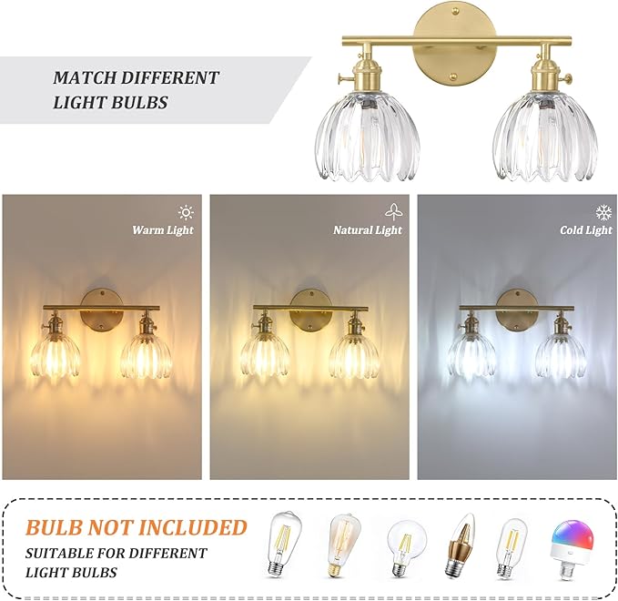 Shenmoyl Bathroom Light Fixtures, 2-Light Brass Vanity Wall Light Over Mirror