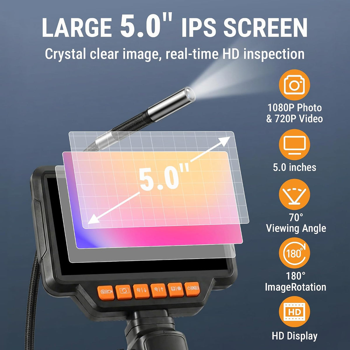 articulating borescope camera, 6.2mm borescope endoscope with 5", close-up detail