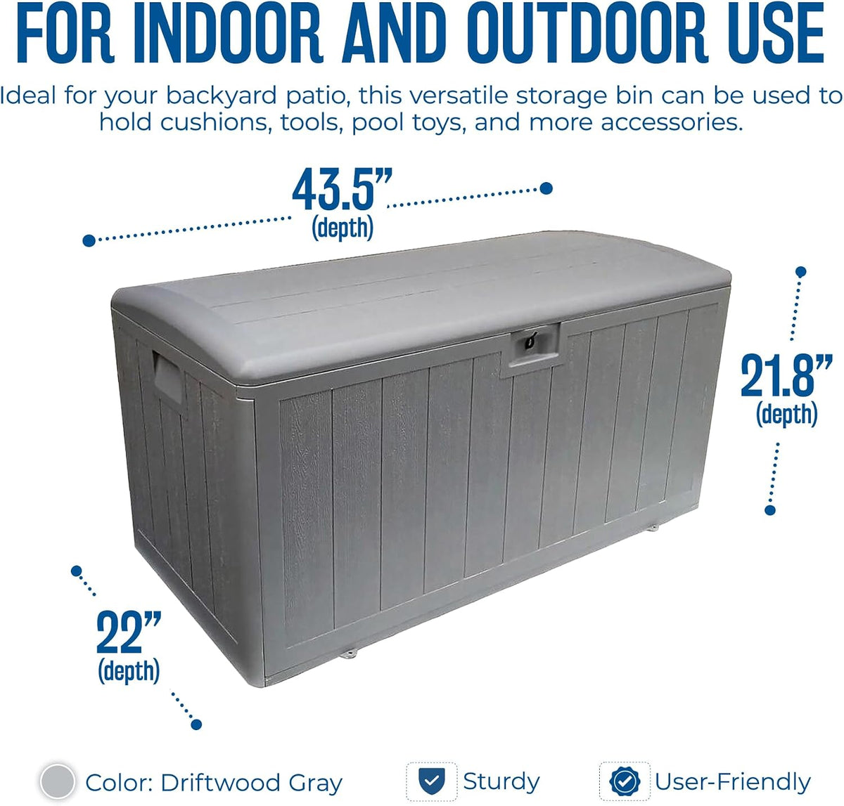plastic development group outdoor deck box, standard close shown in use