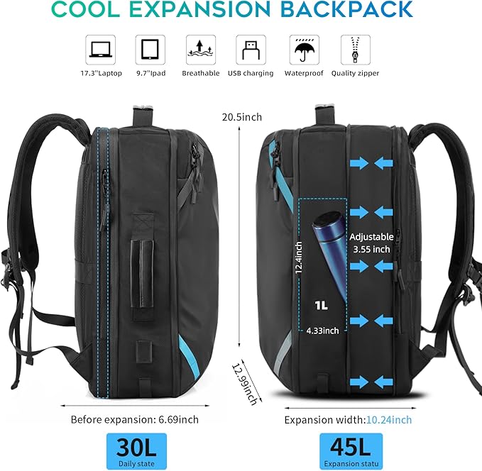Travel Carry on Backpack, Extra Large Expandable 45L Backpack