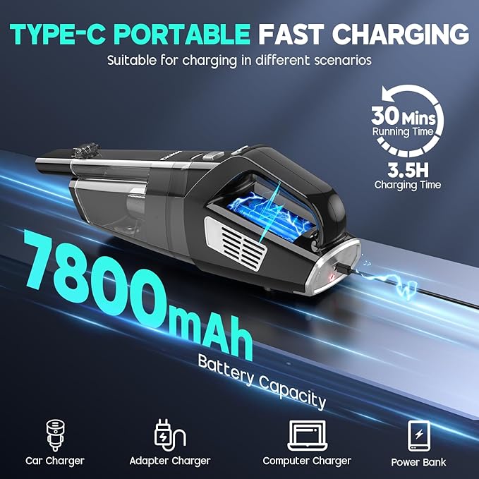 CKIKH Handheld Vacuum Cordless, 15000PA Strong Suction Hand Held Car Vacuum