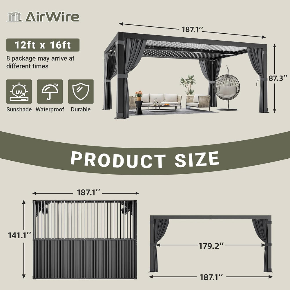 AirWire 12'x16' Louvered Pergola All-Aluminum Gazebo Dark Gray