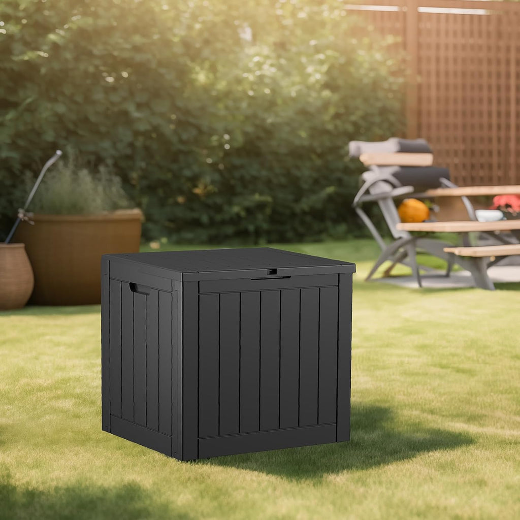 patiozen 30 gallon resin deck box with lockable shown in use