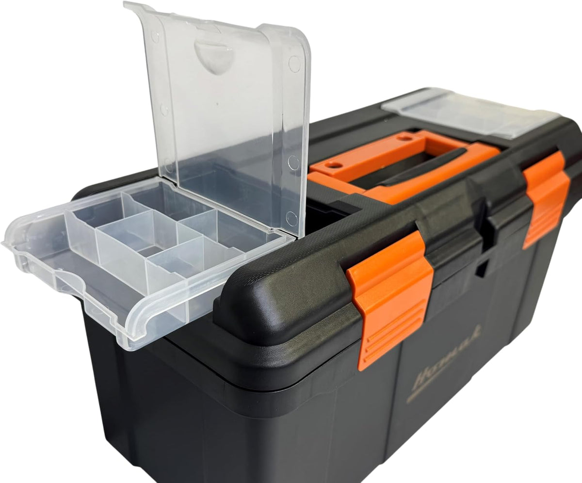homak plastic tool box with tray and dividers shown in use