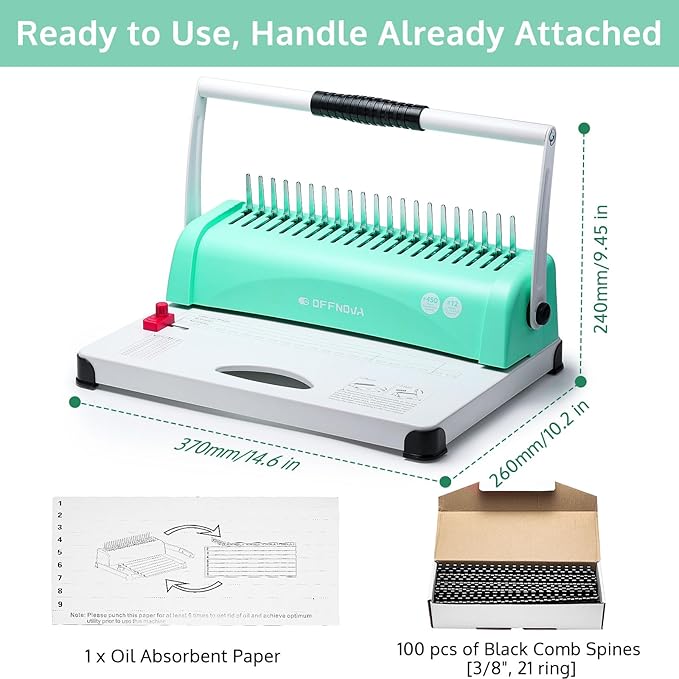 OFFNOVA Binding Machine, 21-Hole 450 Sheets Paper Comb Binding Machine (100 PCS)