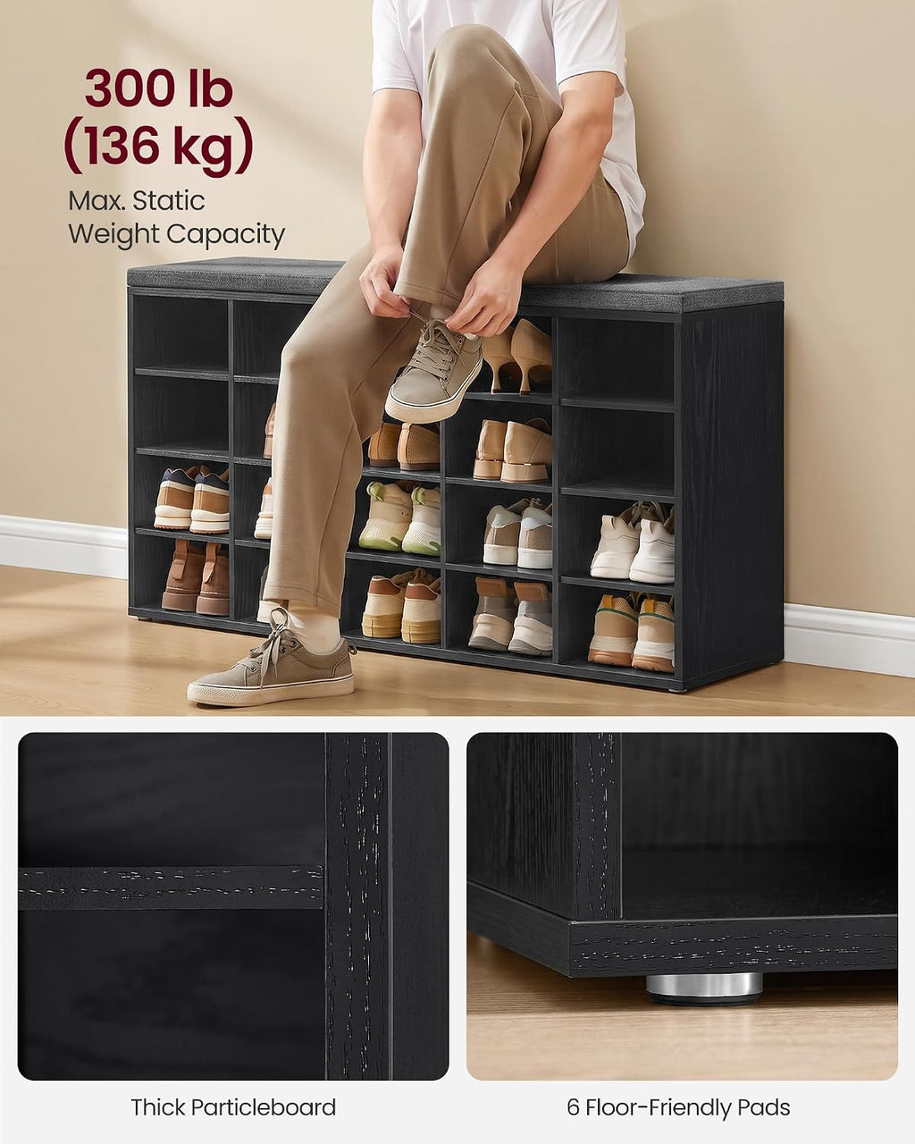 vasagle shoe bench with cushion, 20 compartments, 12 showing dimensions