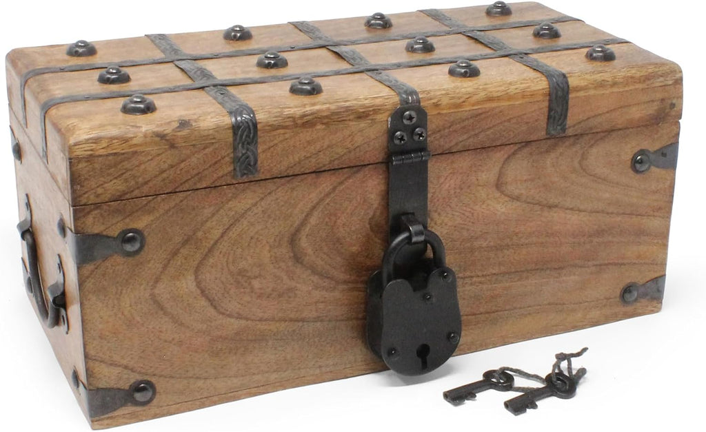 Nautical Cove Treasure Chest Wooden Box with Antique Iron Lock and Skeleton Key (Medium 12.5x6x5.5) - Storage and Decor – Pirate Chest, Decorative Storage Chest with Hinged Lid, Wood Treasure Box