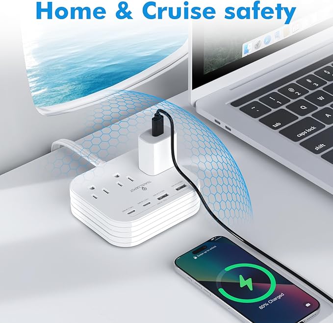 TRAVEL DEPOT Cruise Essentials Flat Plug Power Strip, Durable 5 ft Extension