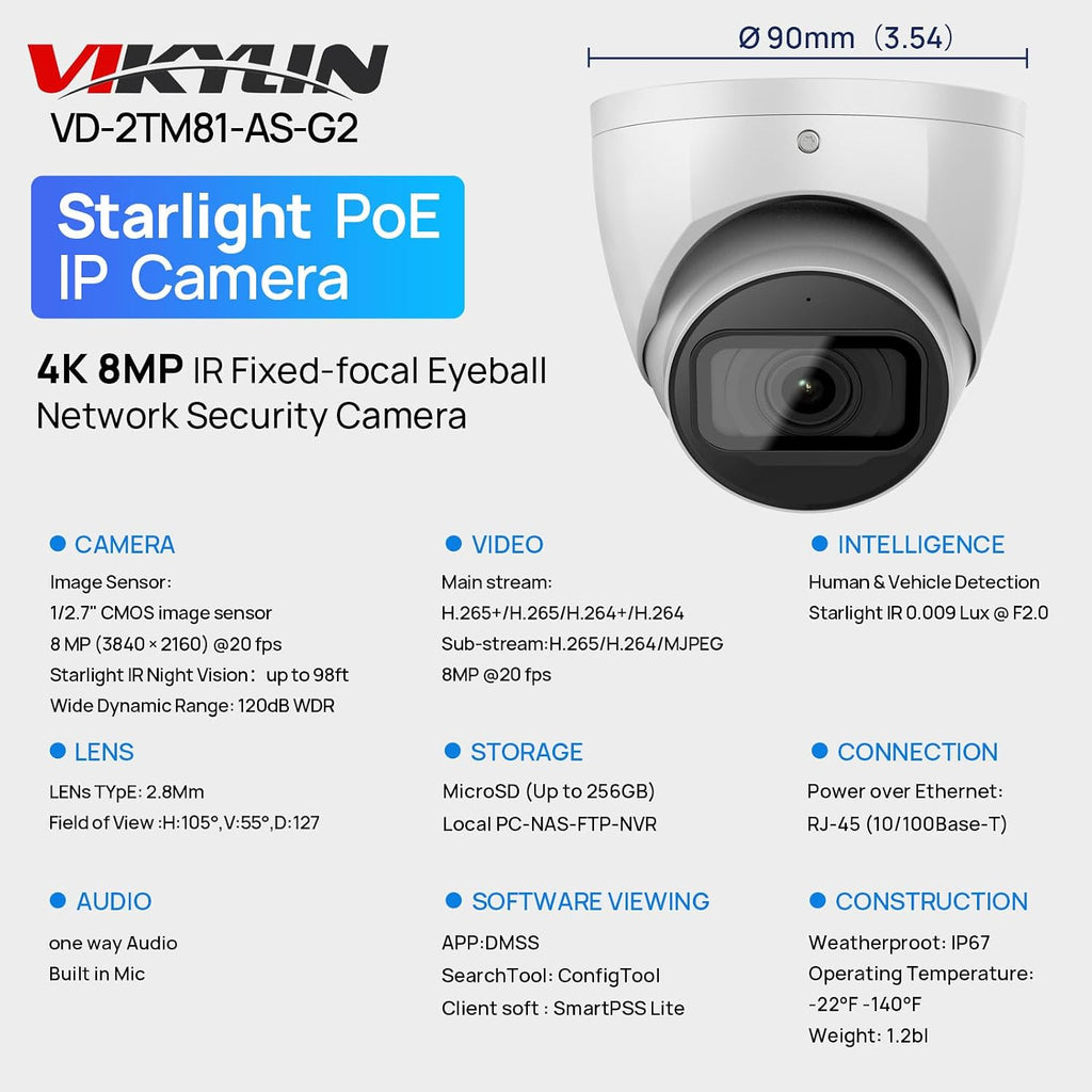 vikylin 4k 8mp ip poe security camera,dmss/smartpss lite, close-up detail
