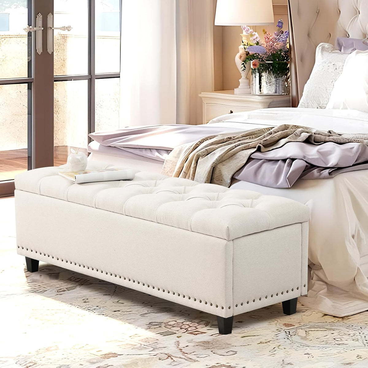 51" Storage Bench for Bedroom, Tufted Storage Ottoman Benchs with Pholstered, Large Long End of Bed Storages Bench Load up to 660 lb, Wooden Legs for Bedroom & Living Room(Beige)