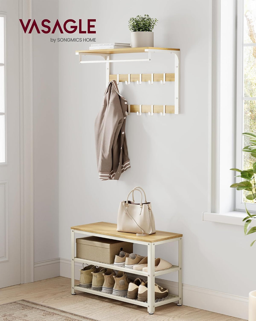 vasagle 3-tier shoe rack, storage bench with metal shown in use