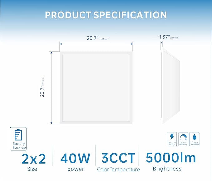 2X2 LED Flat Panel Light Emergency Battery Backup, 40W-3000K/4000K/5000K (2 Pack)