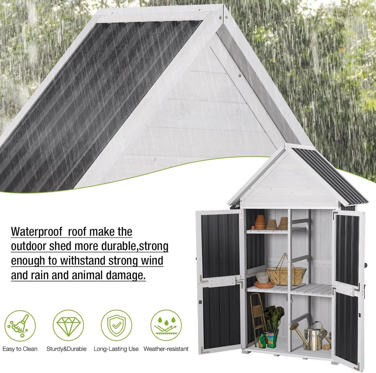 outdoor storage shed cabinet strong iron frame surrounding, side view
