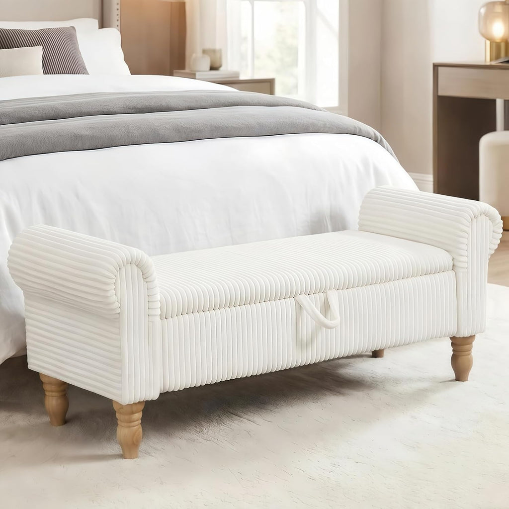 55" Entryway Bench with Storage for Queen Bed, White corduroy Ottoman