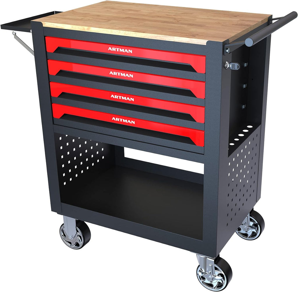 Lockable 4-Drawer Rolling Tool Chest with Wooden Top Workbench