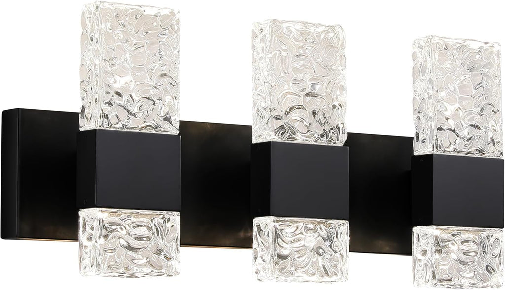 Epinl 3-Light Modern Bathroom Light Fixtures, 30W Black LED Vanity Lights Over Mirror with Water Ripple Glass Shade, Crystal Wall Sconces 4000K Dimmable Vanity Lighting for Bathroom