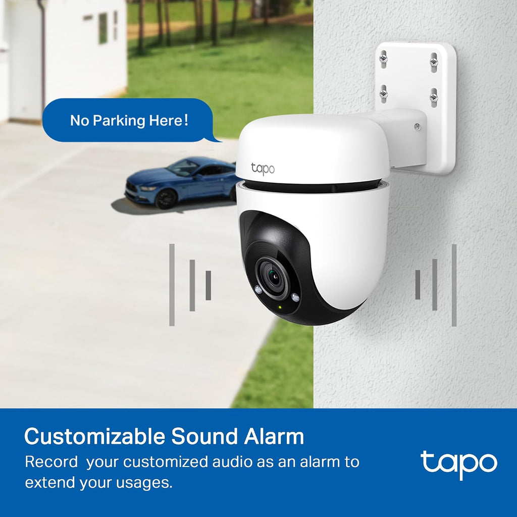 tp-link tapo 1080p outdoor wired pan/tilt security camera on a desk or shelf