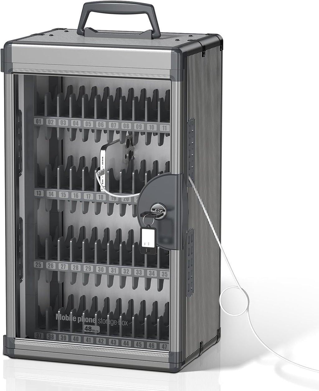48 Slots Cell Phone Locker for Classroom with Key, Portable Mobile Phone Storage Box with Handle & Charging Hole, Phone Lock Box Wall Mounted for School (Black, 48 Slots)