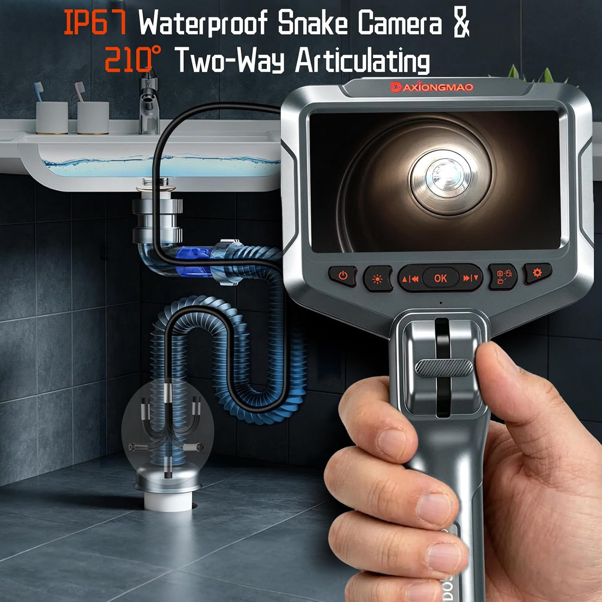 daxiongmao articulating borescope, 1080p hd inspection camera with, side view