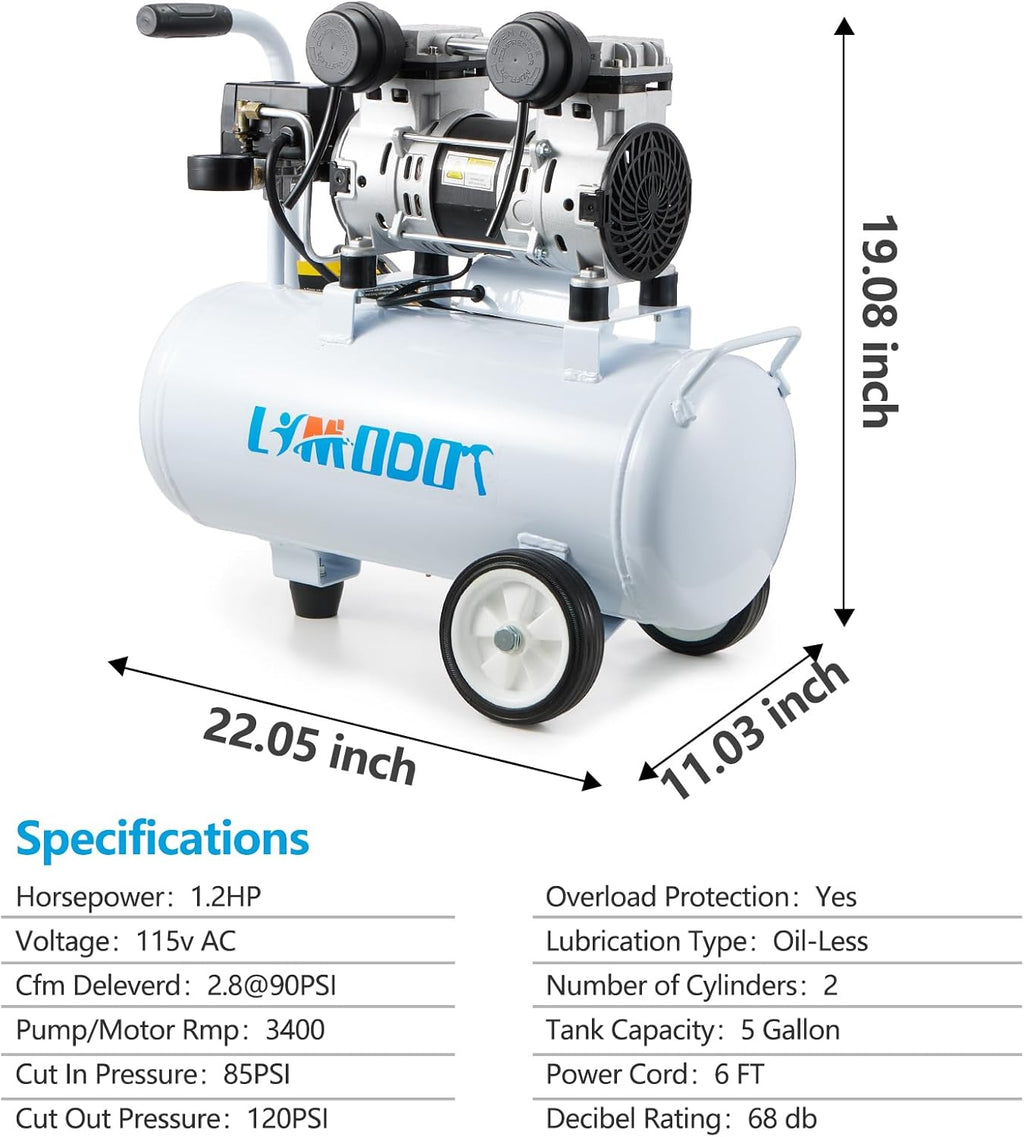 Quiet Oil-Free Air Compressor, 68 dB, 2.8 CFM @ 90 PSI, 5 Gallon Air Tank
